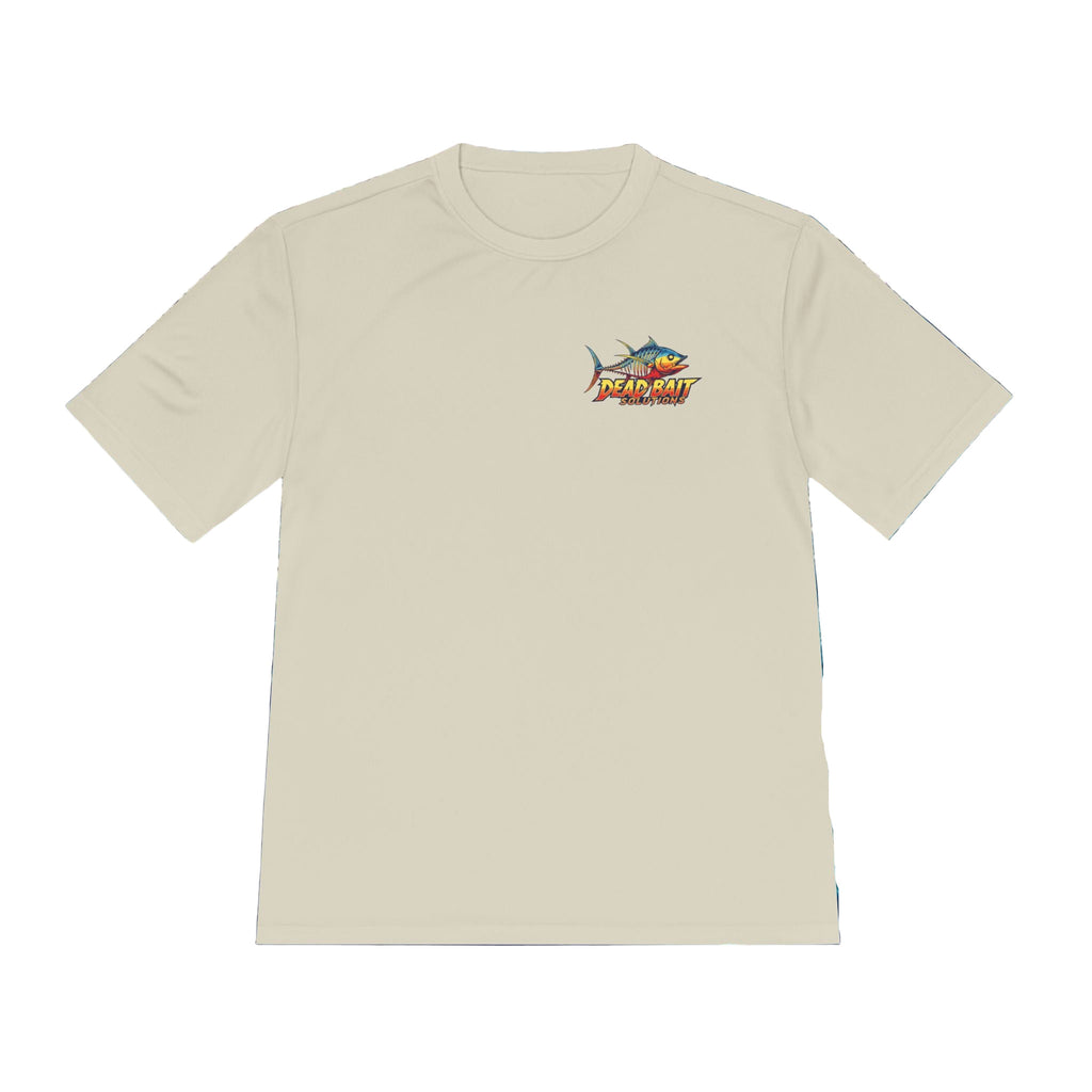 Beige t-shirt with a logo on a background of water and rocks