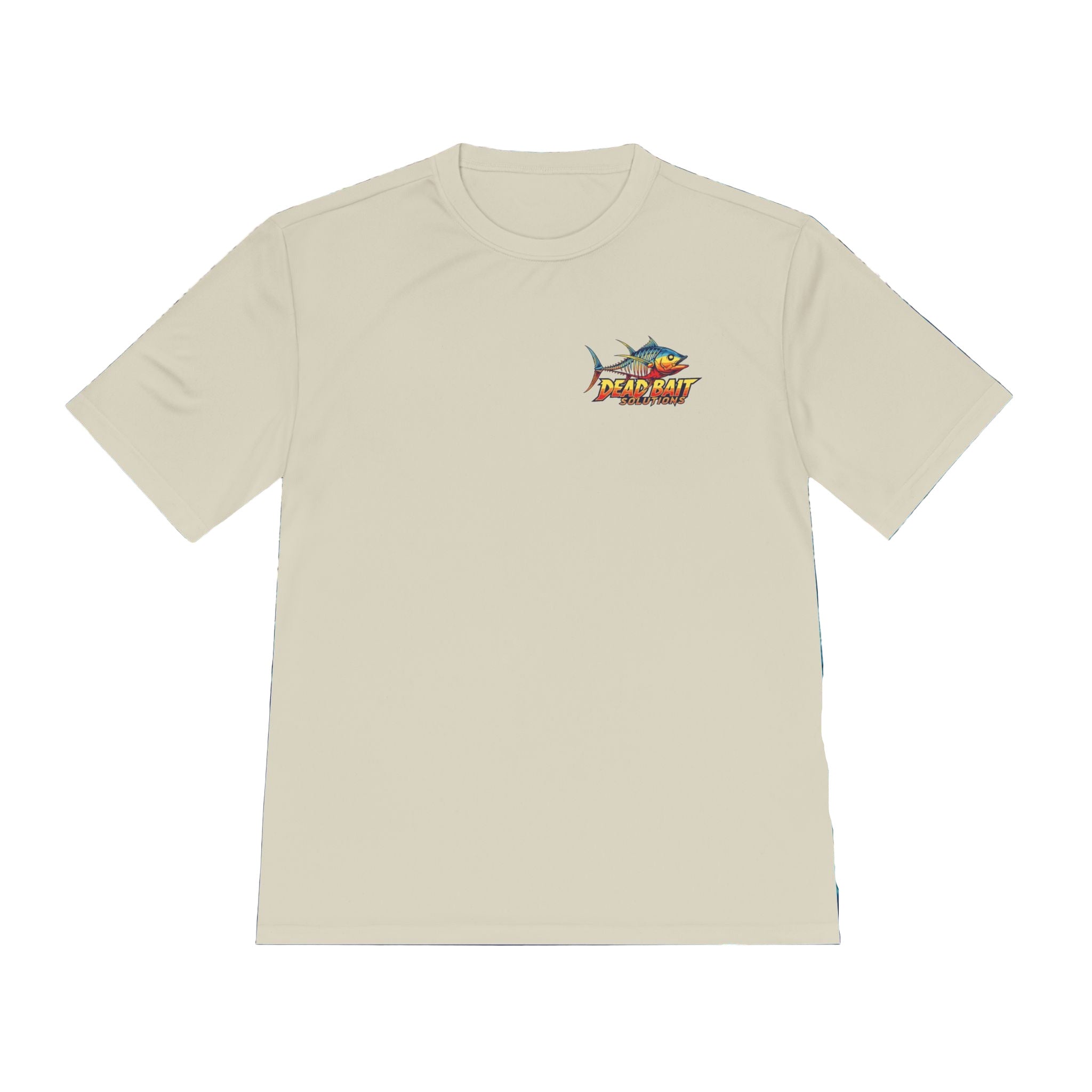 Beige t-shirt with a logo on a background of water and rocks