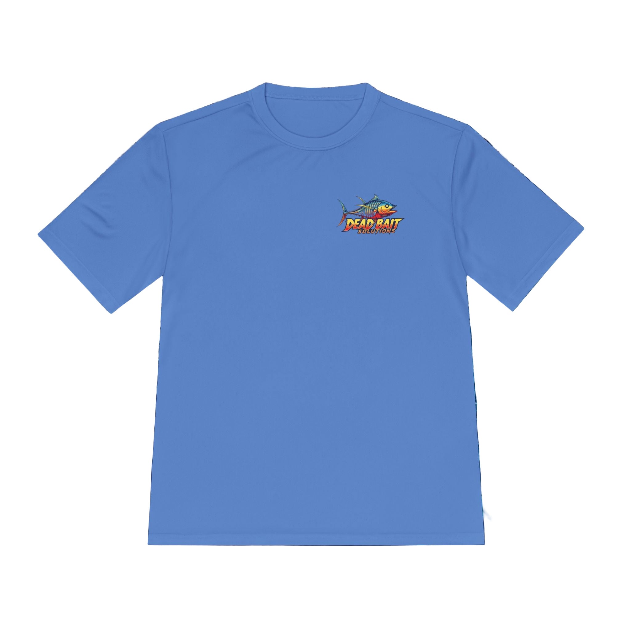 Blue t-shirt with a logo on a textured blue background