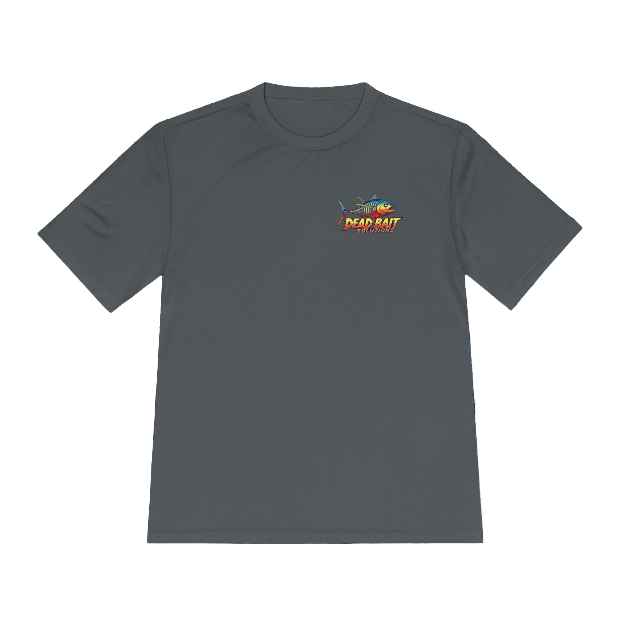 Gray t-shirt with a logo on a textured blue background