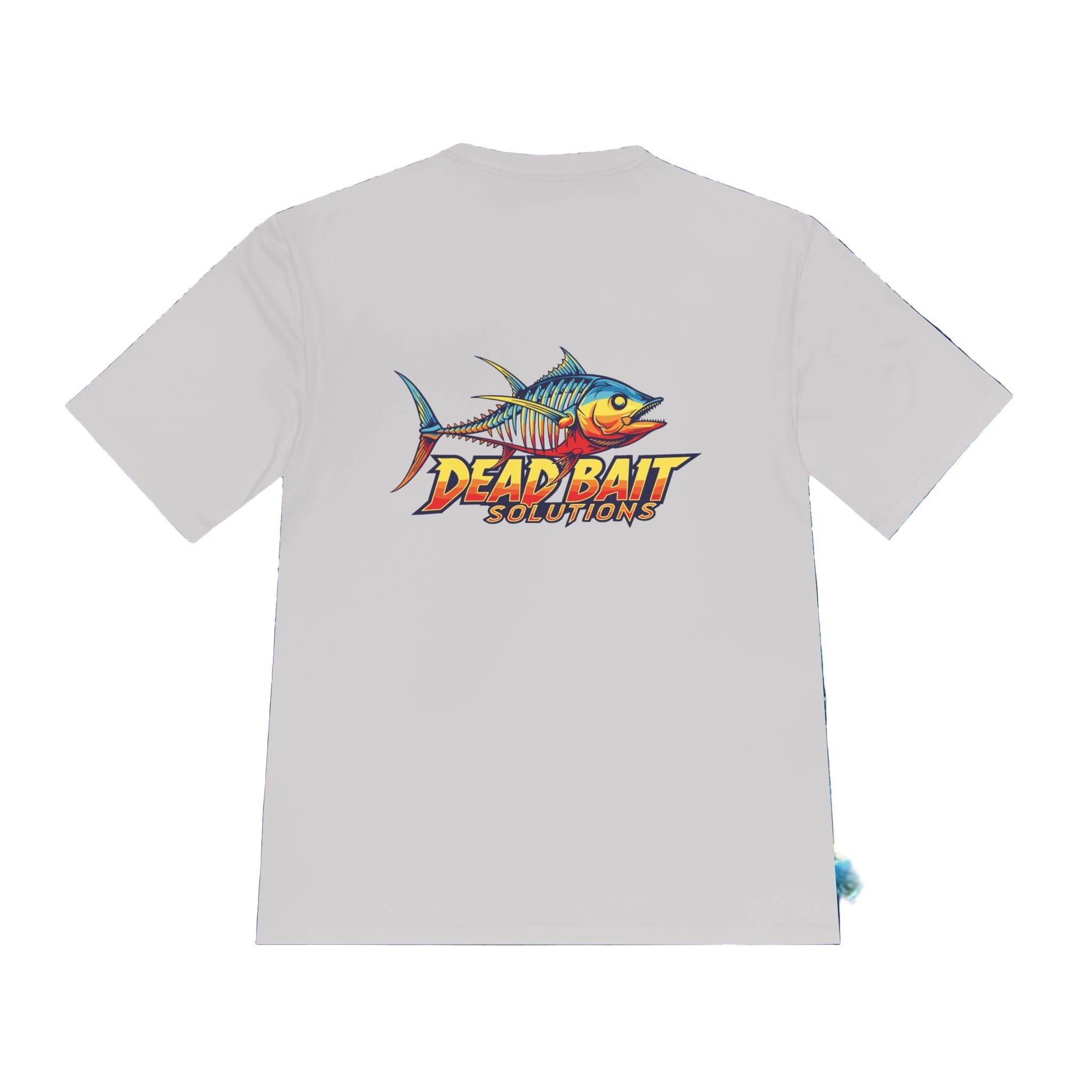White t-shirt with 'Dead Bait Solutions' logo on a water-themed background
