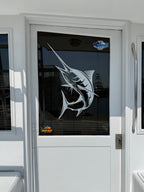 Glass door with a fish design and Meguiar's logo on a vehicle