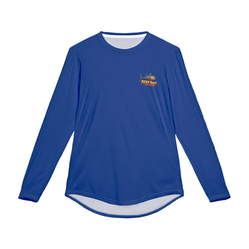 Blue long-sleeve shirt with a logo on a rocky background