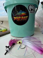 Teal tackle box with 'Dead Bait Solutions' logo and fishing lures on a white surface.