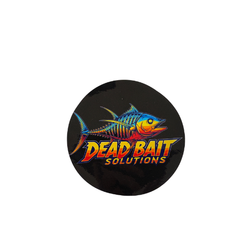 Round black sticker with colorful fish graphic and 'Dead Bait Solutions' text on a white background