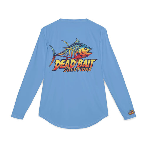 Blue long-sleeve shirt with a fish graphic and 'Dead Bait Solutions' text on the back.