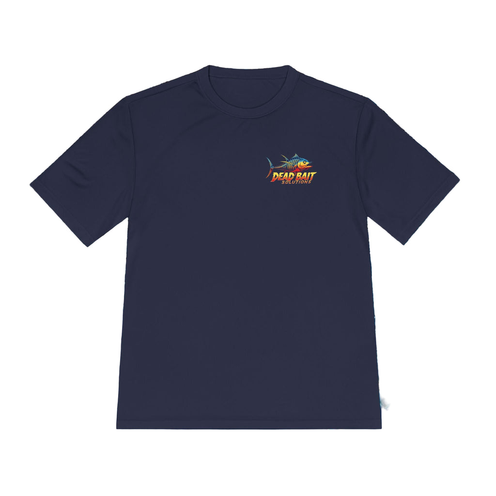 Navy blue t-shirt with a logo on a textured water background