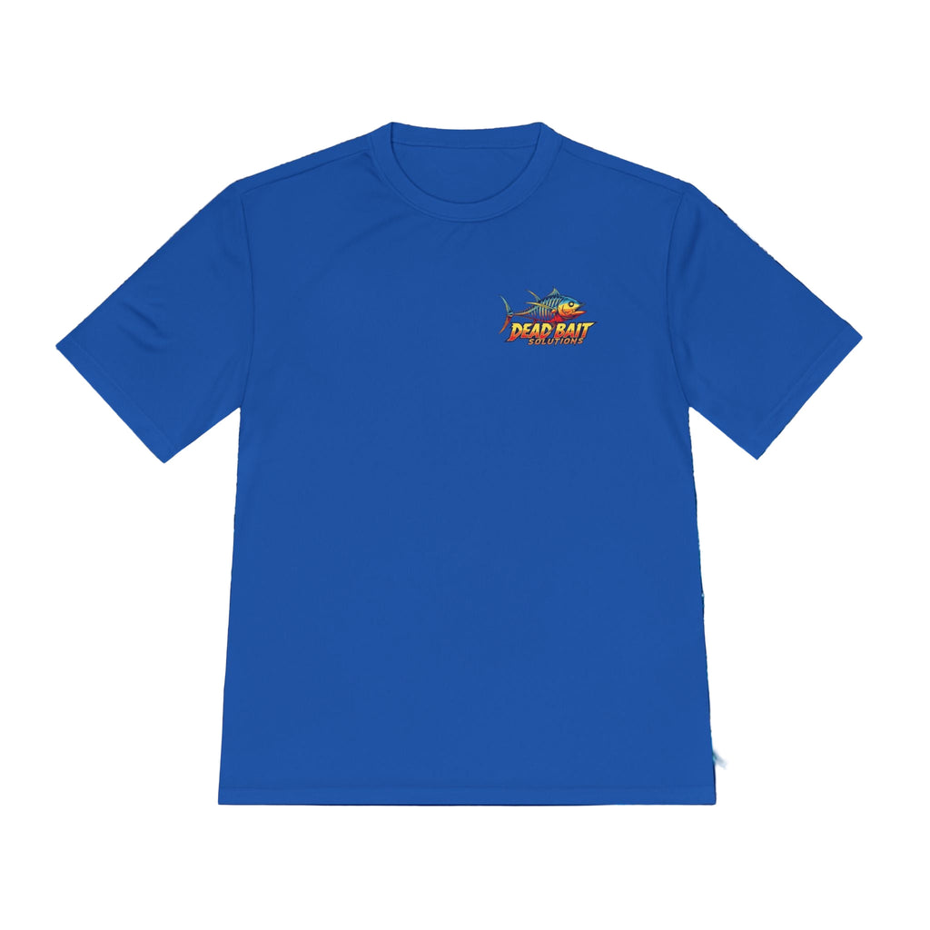 Blue t-shirt with a logo on a textured blue background