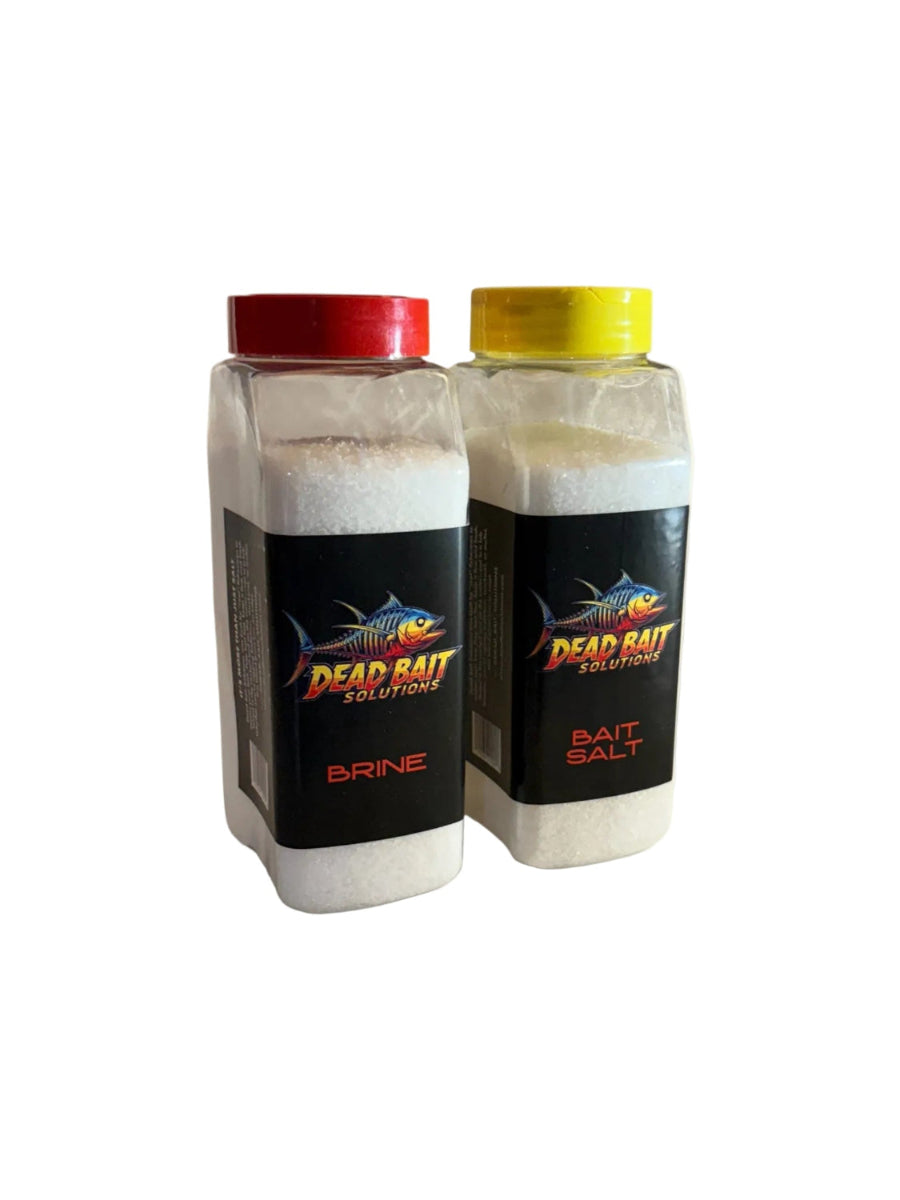 Two bottles of Dead Bait Solutions salt on a beige background