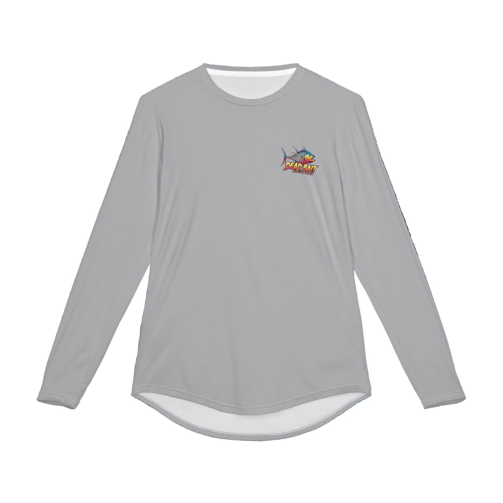 Gray long-sleeve shirt with a logo on a background of blue water and fish.