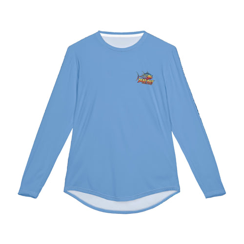 Blue long-sleeve shirt with a logo on a background of water and rocks