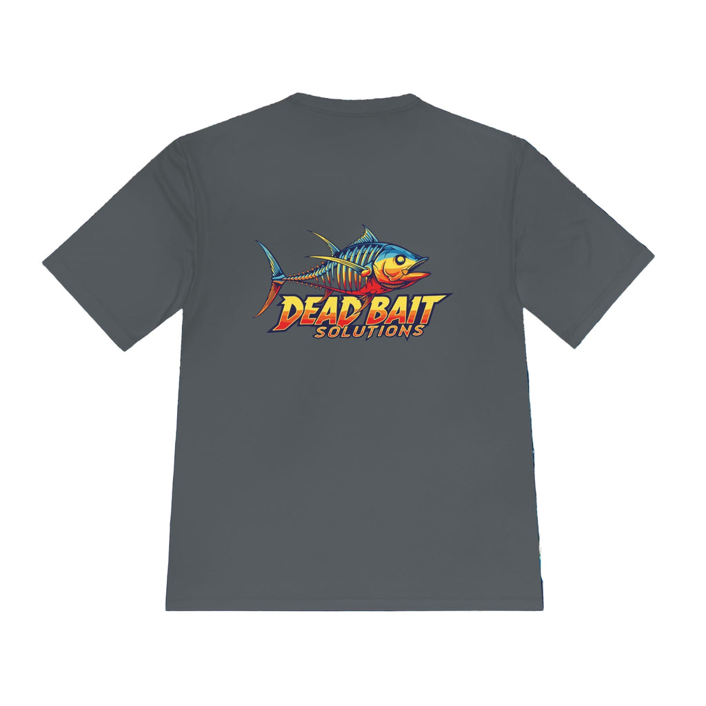 Gray t-shirt with 'Dead Bait Solutions' graphic on a blue ocean background
