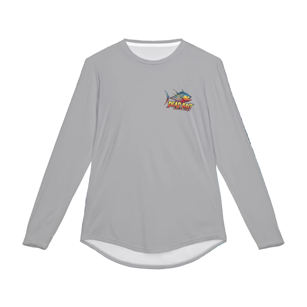 Gray long-sleeve shirt with a logo on a background of blue water and fish.