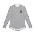 Gray long-sleeve shirt with a logo on a background of blue water and fish.