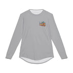 Gray long-sleeve shirt with a logo on a background of blue water and fish.