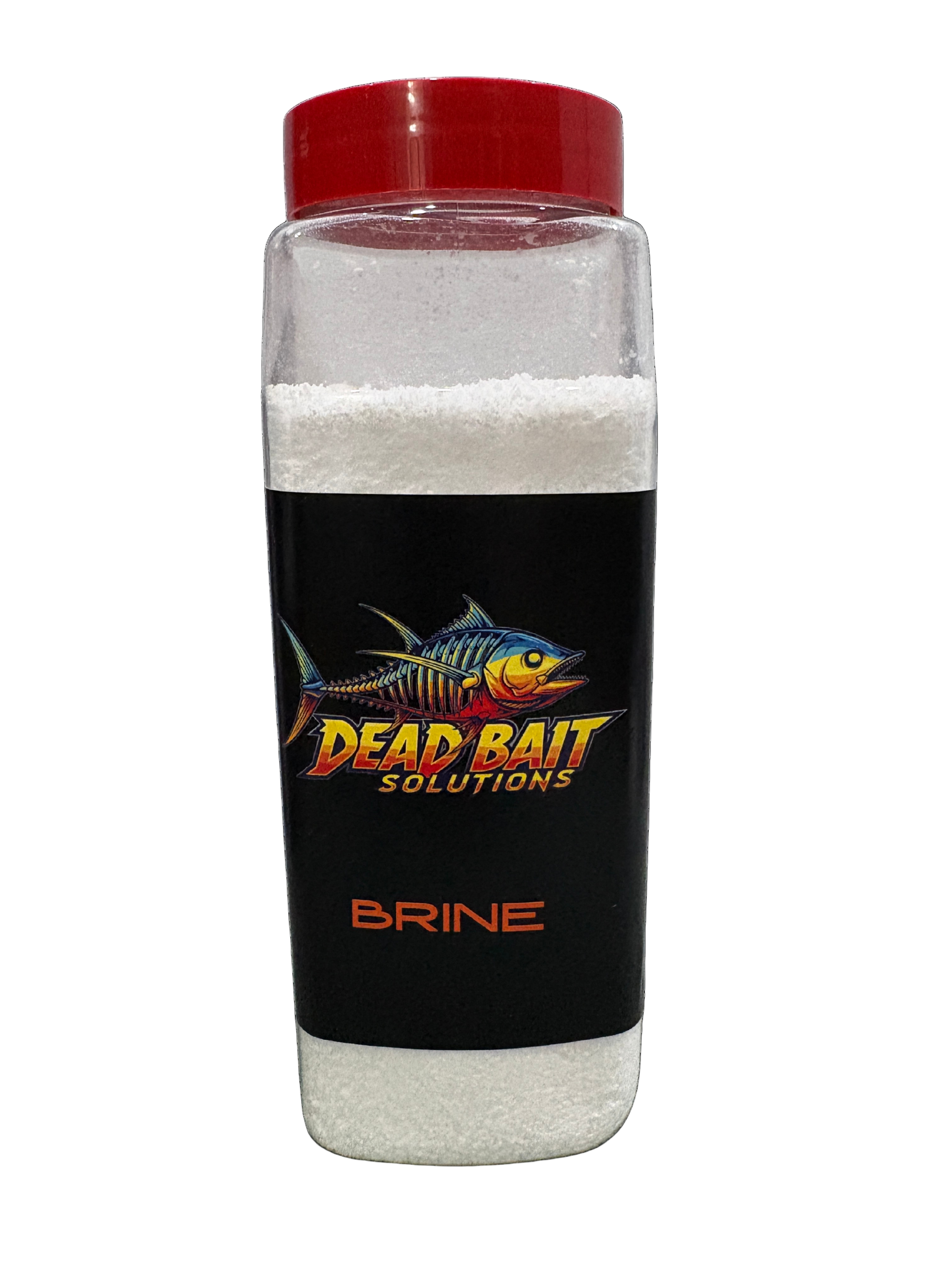 Bottle of Dead Bait Solutions Brine with a red lid on a white background